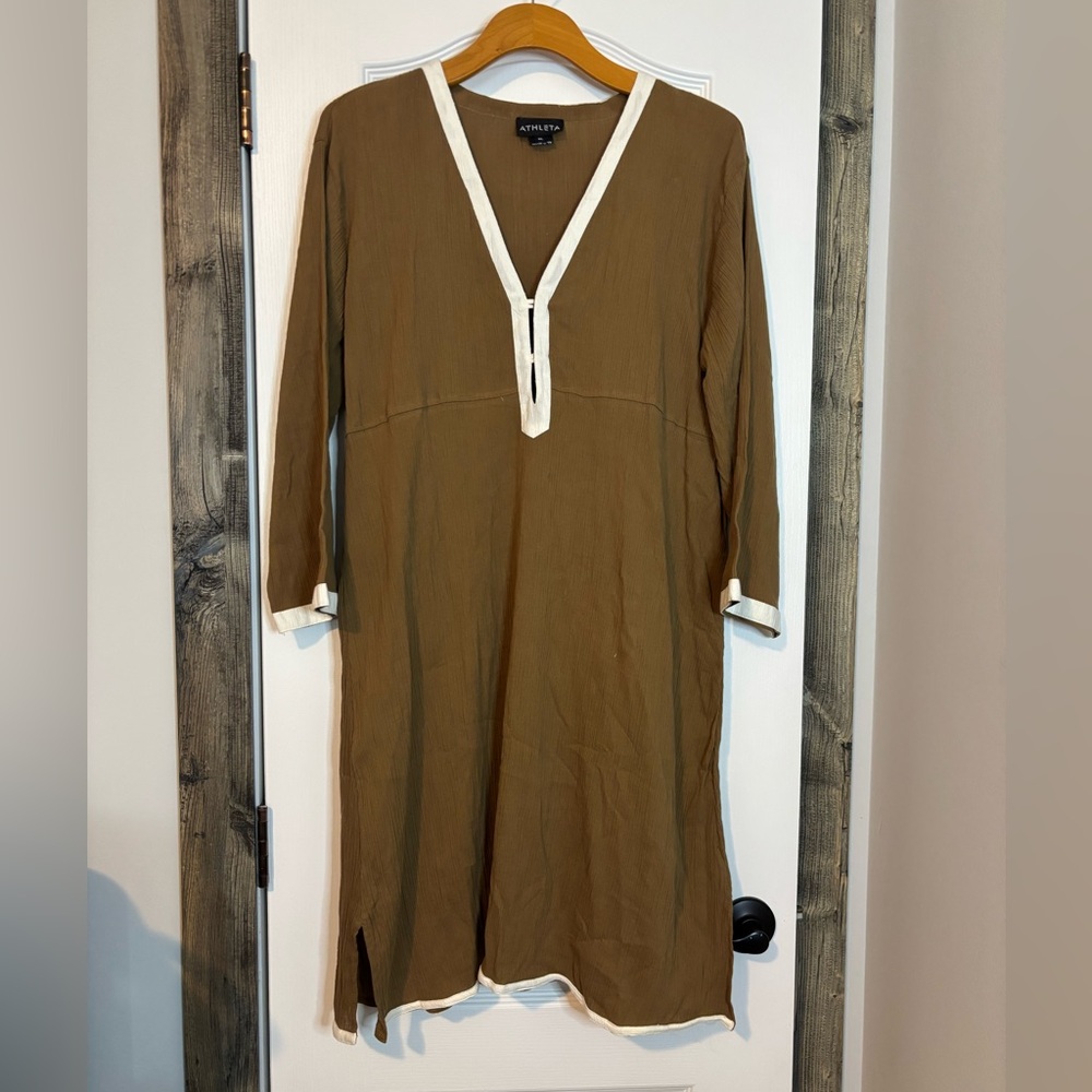 Athleta Olive Brown Midi Dress with White Trim